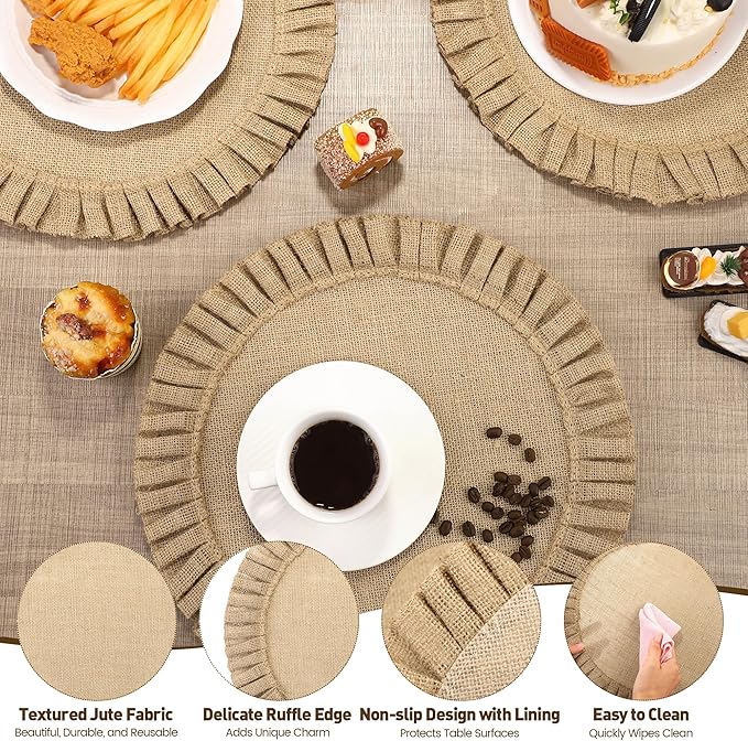 Aneco 12 Pack 15 Inch Round Burlap Placemats Braided Jute Placemats with Ruffle Edge Heat Resistant Reusable Brown Table Mats for Weddings Parties Holidays Dining Table