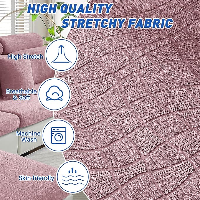 MAXIJIN Waterproof 4 Pieces Couch Cushion Covers for Sectional Sofa Seat Slipcover Stretch Sectional Couch Cover for L Shape Left/Right Chaise with Elastic Bottom (3 Seater + 1 Chaise, Dusty Pink)