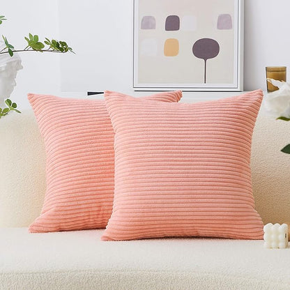 Home Brilliant Pink Pillow Covers 18x18 Set of 2 Decorative Throw Pillows Striped Velvet Corduroy Pillow Covers Set for Couch, 18 x 18 inch, Coral