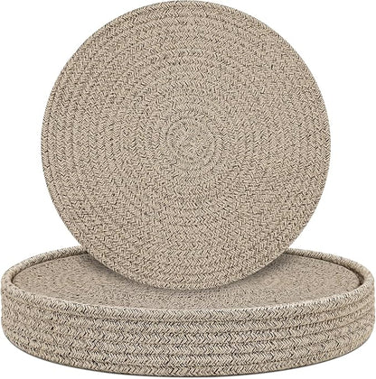 Round Placemats Set of 6 with Holder, Cotton Rope Woven Place Mats, Hot Pads for Kitchen, Heat Resistant Table Mats, 13 Inch Farmhouse Washable Braided Placemat for Kitchen Decor (Brown)