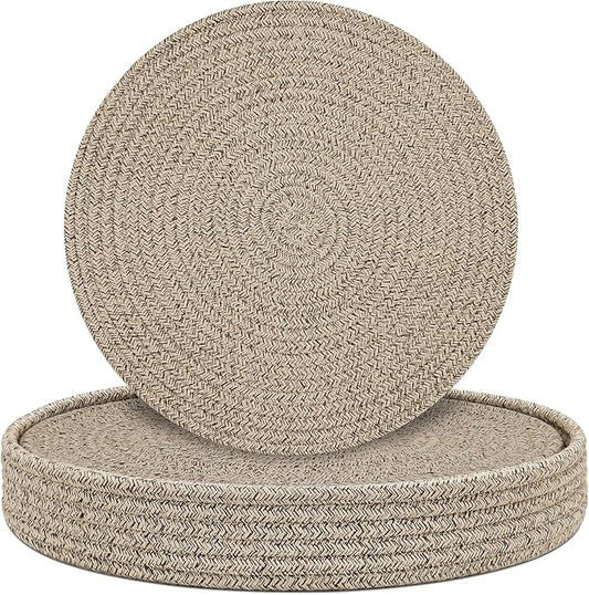 Round Placemats Set of 6 with Holder, Cotton Rope Woven Place Mats, Hot Pads for Kitchen, Heat Resistant Table Mats, 13 Inch Farmhouse Washable Braided Placemat for Kitchen Decor (Brown)