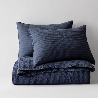WDCOZY 100% Cotton King Size Quilt Set - Navy Blue Striped Pick Stitch Soft Lightweight Bedspread, Textured Like Linen, Farmhouse Country Rustic Coverlet, Shabby Chic Gauze Bedding, 3 Pieces
