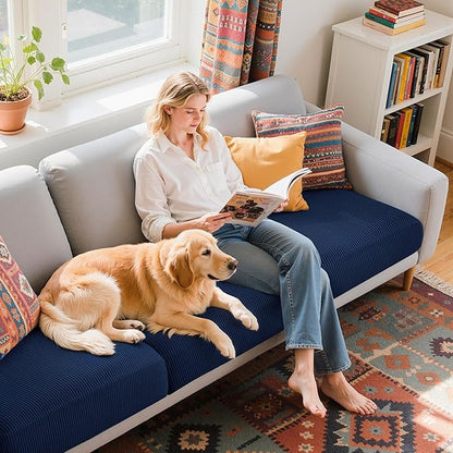 Hokway Stretch Couch Cushion Covers, 3 Piece Individual Sofa Cushion Slipcovers，Jacquard Sofa Seat Slipcover Set, Non-Slip Protector for Cushion (Darkblue,Small-3PC)