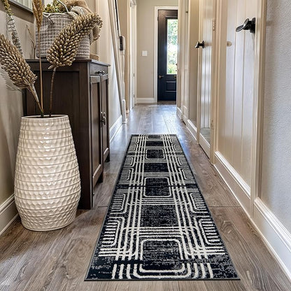Rugshop Black and White Geometric Area Rug – Abstract Curved Line and Square Pattern Carpet for Living Room, Bedroom, or Office – Contemporary Soft Floor Décor 2' 3" x 12' Runner Black