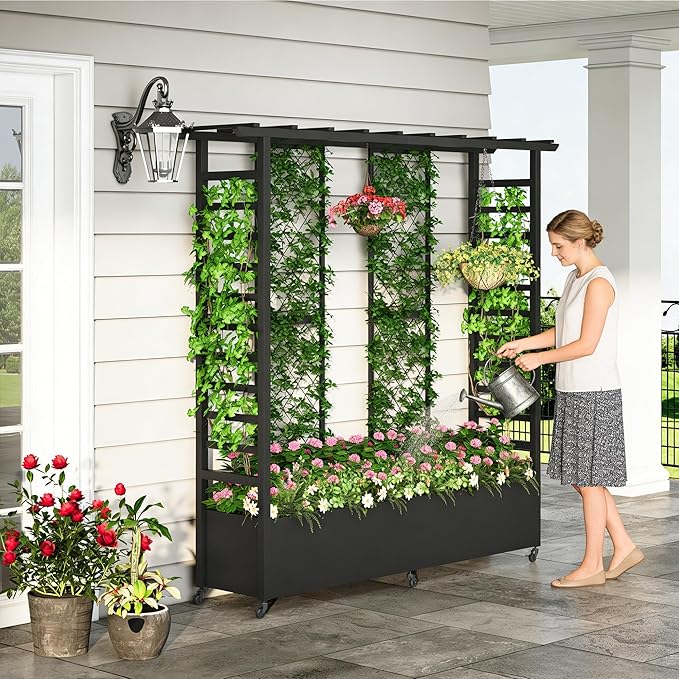 Raised Garden Bed with Trellis & Hanging Roof, Weatherproof Metal Planter Box with Wheels, Garden Arch Trellis for Outdoor Climbing Plants Vines Flowers, 74" H x 77" L x 17" W, Black