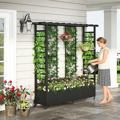 Raised Garden Bed with Trellis & Hanging Roof, Weatherproof Metal Planter Box with Wheels, Garden Arch Trellis for Outdoor Climbing Plants Vines Flowers, 74" H x 77" L x 17" W, Black