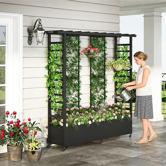 Raised Garden Bed with Trellis & Hanging Roof, Weatherproof Metal Planter Box with Wheels, Garden Arch Trellis for Outdoor Climbing Plants Vines Flowers, 74" H x 77" L x 17" W, Black