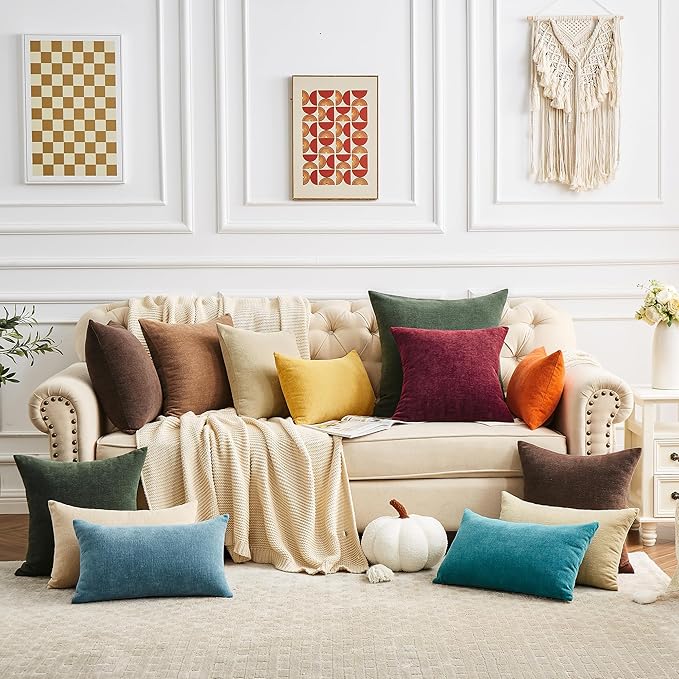 GAWAMAY Decorative Chenille Throw Pillow Covers 24x24 Inch Pack of 2, Soft Square Couch Pillow Cover for Sofa Cushion Living Room Bedroom Solid Dyed Pillowcases Khaki 60x60cm (ONLY Covers)