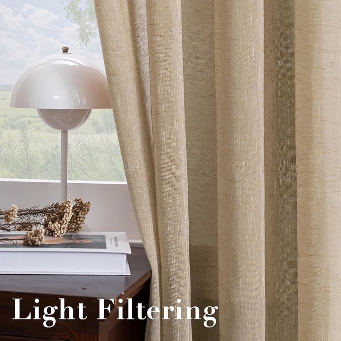 H.VERSAILTEX Linen Curtains Flax Linen Blended Curtain Panels for Living Room/Bedroom Semi Sheer Privacy Curtains 108 inch Length 2 Panels Set Nickel Grommet Window Drapes (52 by 108 Inch, Taffy)