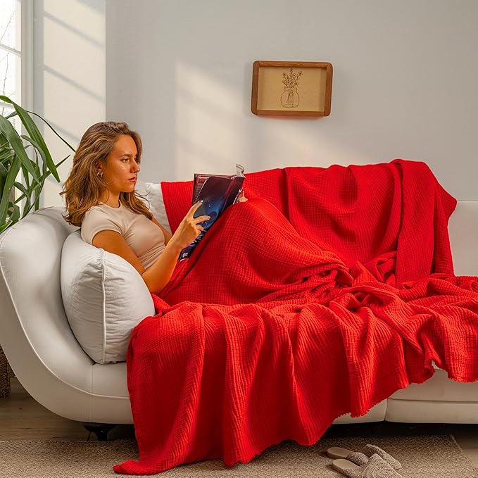 Muslin Blanket - Pure 100% Turkish Cotton Airy Soft Light Versatile Gauze Throw Blanket for Bed, Couch, Sofa (Red, Throw Size (50" x 66" inch))