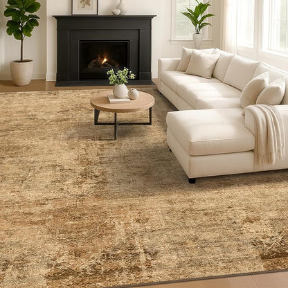 Large Brown Golden Rug for Dining Room Table - Rustic Farmhouse 9x12 Area Rug for Living Room, Bedroom Under Bed, Non Slip with Rubber Backing & Stain Resistant