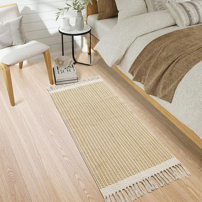 Lahome Boho Bathroom Runner Rug, 2x5 Hallway Runner Rugs Washable Rugs for Entryway Indoor Door Mat with Tassels, Farmhouse Woven Cotton Low Pile Rug Runners for Hallways Laundry Room, Khaki