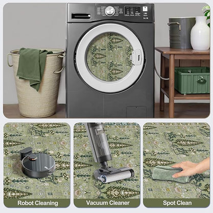 Tangsoo 2x3 Small Washable Entry Rug, Vintage Boho Green Floral Rug for Entryway Bedroom Entrance, Non Slip Soft Low Pile Door Mat Throw Carpet for Kitchen Bathroom Foyer Decor