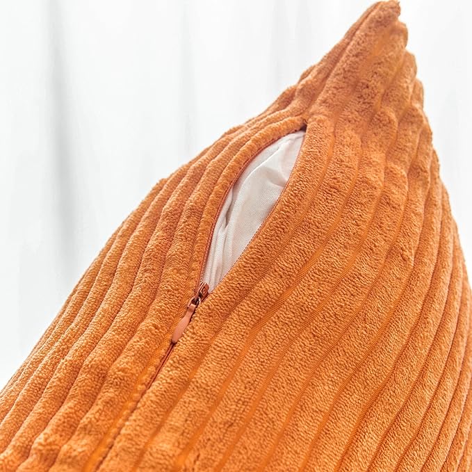 Home Brilliant Fall Pillow Covers 20x20 Burnt Orange Throw Pillow Cases Set of 2 Striped Corduroy Plush Velvet Cushion Cover for Couch Rust Thanksgiving, 50cm, 20 x 20 Inch, Orange