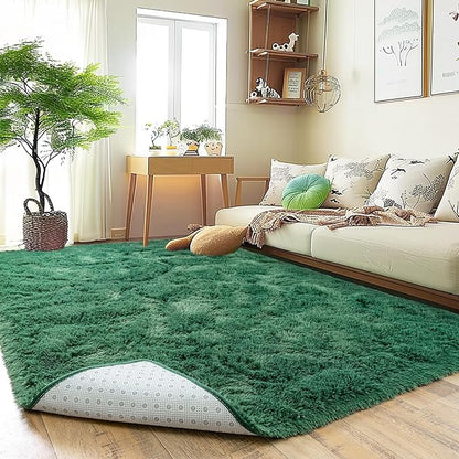 Ultra Fluffy Area Rugs for Living Room Bedroom, 6x9 Fuzzy Large Living Room Rugs, Thick Shag Rug for Dorm, Soft Non Slip Kids Girls Boys Rug for Home Decor Aesthetic, Dark Green