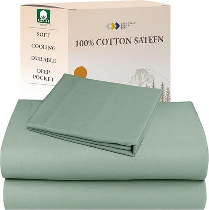 California Design Den Twin XL Bed Sheets Set - Natural 100% Cotton Sheet Set, Soft Sateen, Fully Elasticized Deep Pockets, Breathable and Durable Bedding for Dorm Room - Frosty Green