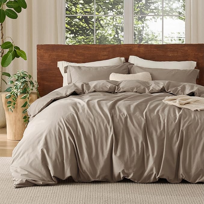 Bedsure 100% Washed Cotton Duvet Cover Cal King - Light Brown Minimalist Duvet Cover Linen Like for All Seasons - GentleSoft™ Plain Simple Bedding, 3 Pieces (Light Brown, California King, 104"x98")