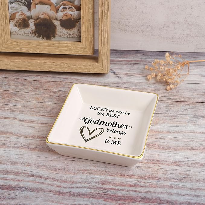 JoycuFF Godmother Gifts Birthday Thanksgiving Day Christmas CeramicTrinket Tray Decorative Ring Holder Unique Gifts for Women Jewelry Trinkets for Home Decor