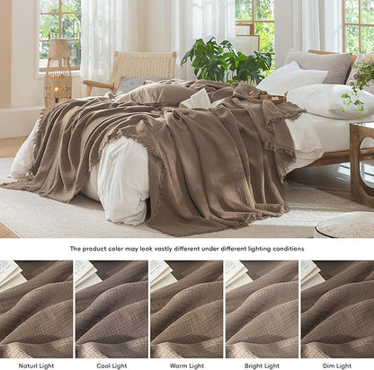 MooMee Muslin Blanket - 100% Cotton 4-Layer Gauze Throw Blanket with Tassels Ultra-Soft Breathable Lightweight Cooling for Bed Couch (Brown, Queen 90" x 90")