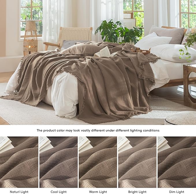 MooMee Muslin Blanket - 100% Cotton 4-Layer Gauze Throw Blanket with All-Around Fringe Ultra-Soft Breathable Lightweight Cooling for Bed Couch (Brown,Twin XL 66" x 90")
