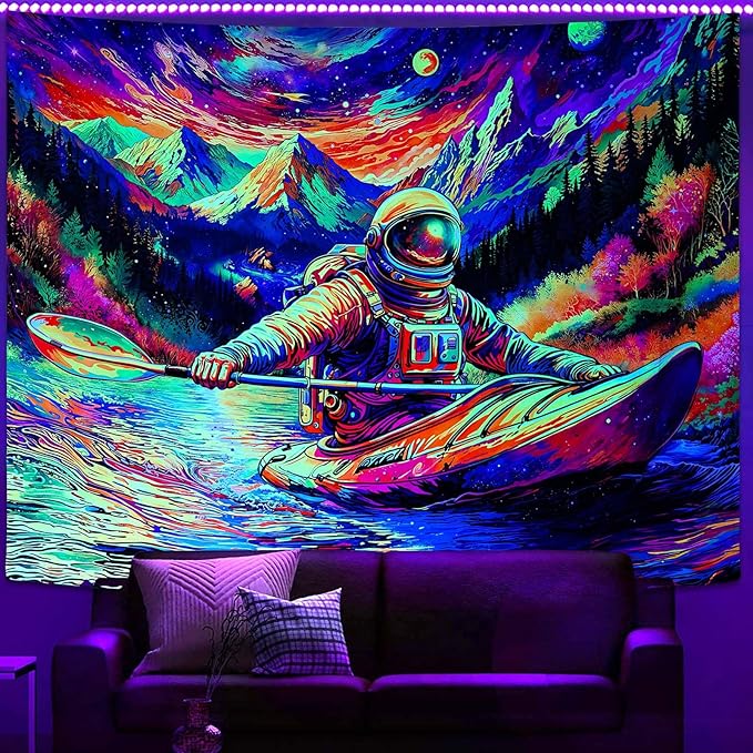 Blacklight Astronaut Tapestry Wall Hanging Space Galaxy Travel Funny Kayaking Tapestries for Bedroom Colorful Aesthetic Cool Wall Art for Guys Gamer Room Dorm Living Room (boating, 80''×60'')