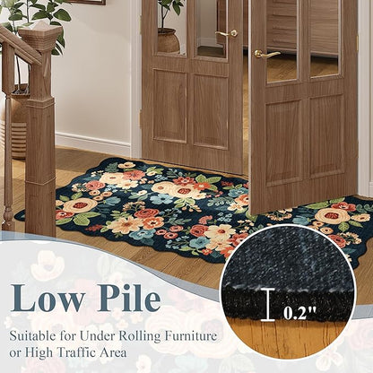 DUKINO 8x10 Area Rug, Floral Washable Rugs for Living Room with Non Slip Backing & Non-Shedding, Lightwight Low Pile Boho Design Large Carpets for Bedroom, Living Room, Dining Room, Navy Blue