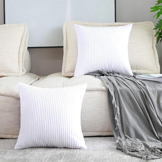 Home Brilliant Set of 2 Decorative Pillows for Couch Pillow Protectors for Sofa, Stripes Velvet, 55x55 cm, 22 x 22 Inch, Pure White