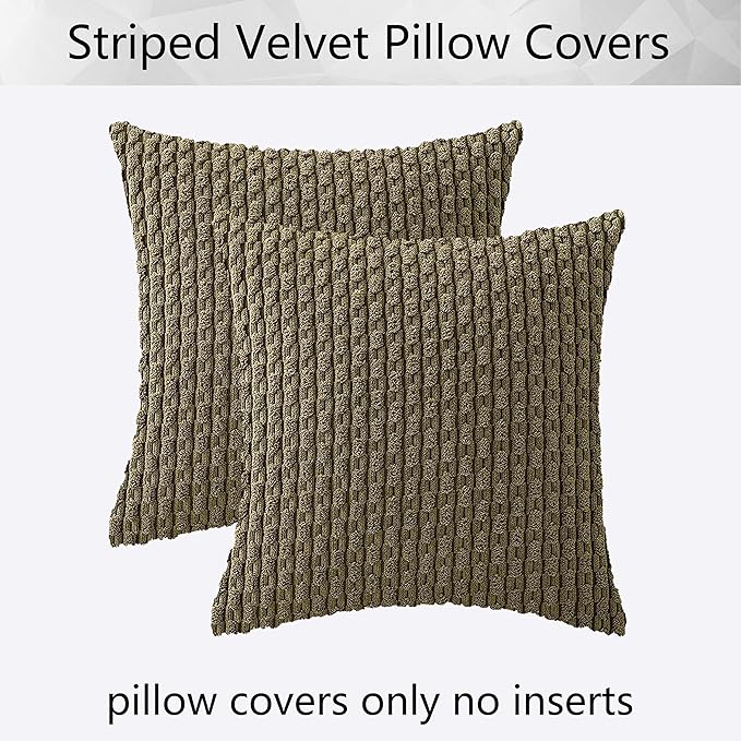 Kevin Textile Pack of 2 Corduroy Decorative Throw Pillow Covers 22x22 Inch Soft Boho Striped Pillow Covers Modern Farmhouse Home Decor for Spring Sofa Living Room Couch Bed Olive Green