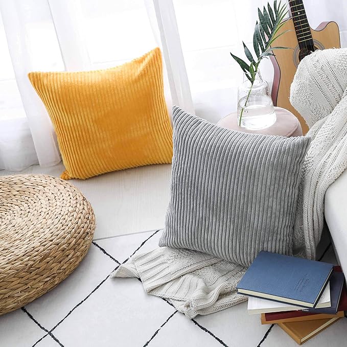 Home Brilliant Yellow Throw Pillow Covers 18x18 Set of 2 Super Soft Couch Pillow Covers Decorative Striped Corduroy Mustard Throw Pillows for Couch Bed Spring, 18 x 18 inch, Sunflower Yellow