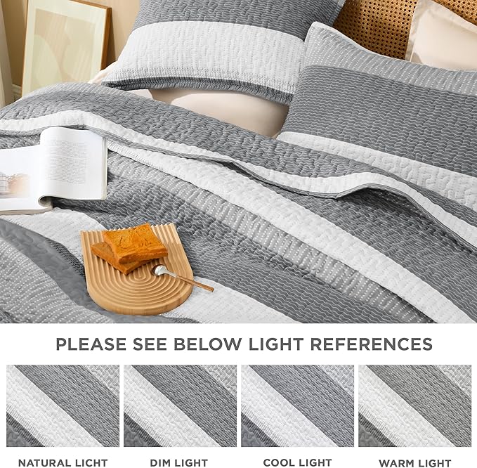 Litanika Quilt King Size Silver Grey, Stripe Patchwork Summer Bedspread Coverlet 3 Pieces, Soft Lightweight Microfiber Quilted Bedding Set for All Season(1 Quilt, 2 Pillowcases)