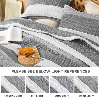 Litanika Quilt Queen Size Silver Grey, Stripe Patchwork Summer Bedspread Coverlet 3 Pieces, Soft Lightweight Microfiber Quilted Bedding Set for All Season(1 Quilt, 2 Pillowcases)
