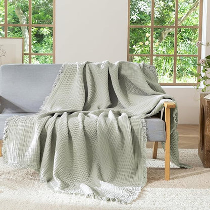 MooMee Muslin Blanket - 100% Cotton 4-Layer Gauze Throw Blanket with All-Around Fringe Ultra-Soft Breathable Lightweight Cooling for Bed Couch (Sage Green,Twin XL 66" x 90")