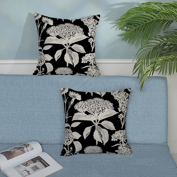 Black Pillow Covers 18x18 Inch Set of 2 Vintage Boho Floral Hydrangea Herbs Botanical Throw Pillows Outdoor Flower Decoration Pillowcase Linen Farmhouse Cushion Case Decorative for Couch Sofa