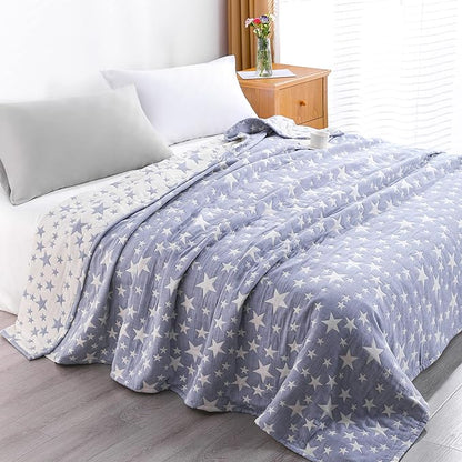 NTBAY 3 Layers Cotton Muslin 106x92 King Bed Blanket, Super Soft Breathable Thermal Yarn Dyed Quilt for Adults, Perfect Lightweight Blanket for Couch Sofa Bed All Seasons, Blue Stars