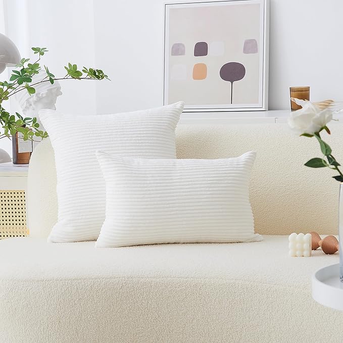 Home Brilliant Rectangle Pillow Covers 12x20 inch Striped Corduroy Solid Cushion Covers Oblong Pillowcases for Sofa Kids Toddler, 12 x 20 inch, Creamy White