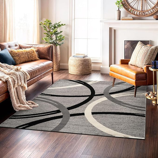 Rugshop Wavy Circles Design Square Rug, Non-Shedding Carpet for Living Room, Bedroom, or Dining Room, Gray, 6'6" x 6'6"