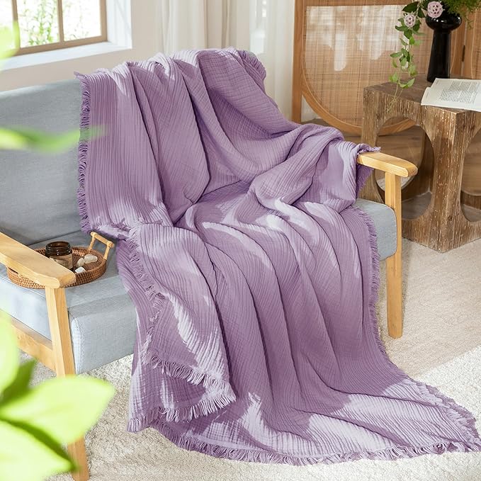 MooMee Muslin Blanket - 100% Cotton 4-Layer Gauze Throw Blanket with Tassels Ultra-Soft Breathable Lightweight Cooling for Bed Couch (Light Purple, Queen 90" x 90")