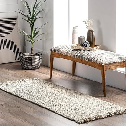 Nuloom Daniela Off-White, 2'6" x 14', Handmade, Jute, Tassel, Soft and Textured, High Traffic, Stain Resistant, Easy Clean, Durable Runner for Bedroom, Living Room, Dining Space, Foyer, Entryway