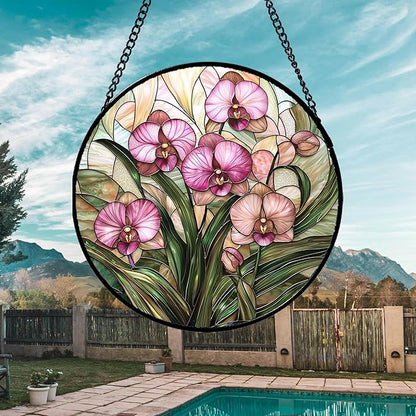 Stained Glass Window Hanging - Pink Phalaenopsis Orchid Green Leaves Sun Catcher for Door Home Decor Flower Suncatcher Christmas Mother's Day Birthday Gifts for Women Men Mom Nana 9.8 in