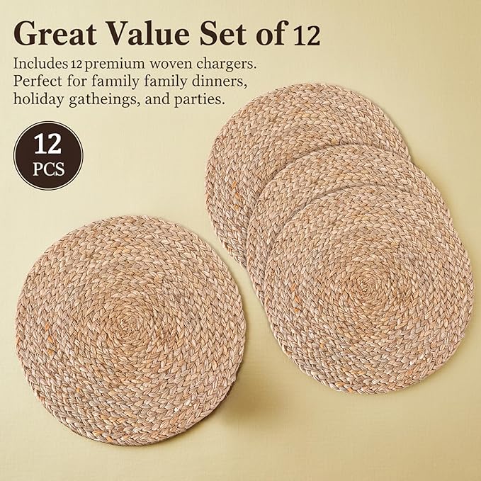 6 Pack 12 Inch Round Rattan Placemats, Wicker Chargers Slip Heat Resistant Rattan Placemat Washable Braided Table Mats Rustic Braided Wicker Chargers for Kitchens and Dining Rooms