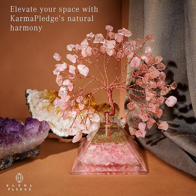 KARMAPLEDGE Rose Quartz Crystal Tree Good Luck Birthday Gifts for Womens, Mom, Home and Office Desk Decor, Pyramid Base Reiki Healing Stones & Chakra Tree of Life for Positive Energy, Money, Sucess