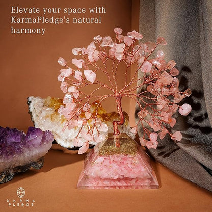 KARMAPLEDGE Rose Quartz Crystal Tree Good Luck Birthday Gifts for Womens, Mom, Home and Office Desk Decor, Pyramid Base Reiki Healing Stones & Chakra Tree of Life for Positive Energy, Money, Sucess
