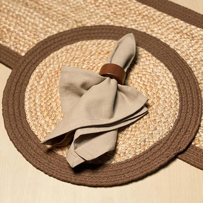 Chardin home Round Verona Woven Jute & Cotton Braided PLACEMAT (Set of 4), Size -14 inch, Round, Color - Natural Jute with Brown Border