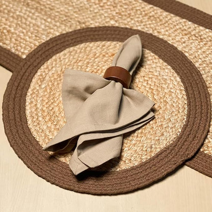 Chardin home Round Verona Woven Jute & Cotton Braided PLACEMAT (Set of 4), Size -14 inch, Round, Color - Natural Jute with Brown Border