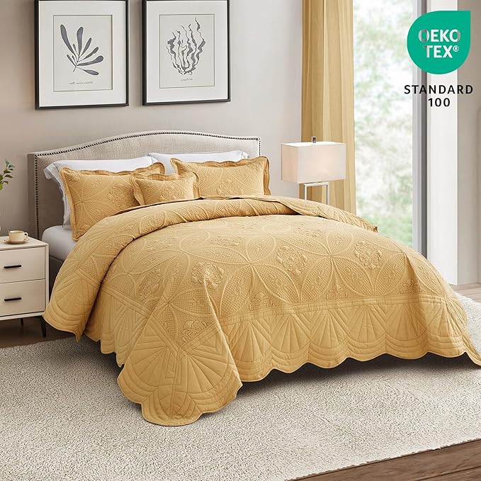 Oversized Bedspread - King Size Bedding Cover - Modern & Contemporary Coverlet Set, Real Stitching, Reversible, Lightweight, 5 Piece, Honey Gold