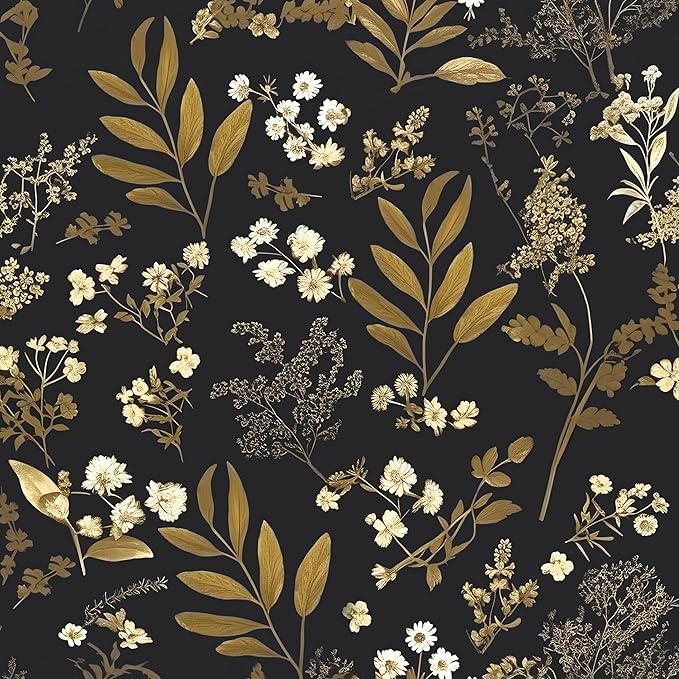Black Gold Wallpaper Peel and Stick Dark Floral Wallpaper 17.5in x 118in Vintage Leaf Contact Paper Vinyl Waterproof Self Adhesive Boho Botanical Wall Paper for Bedroom Cabinet Décor
