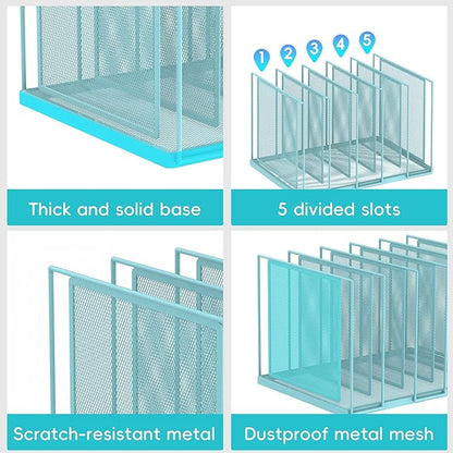 File Organizer for Desk, 5-Section Vertical File Sorter, Paper Holder Organizer Standing Metal File Folder for Office Home Classroom, Blue