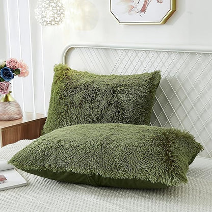 Uhamho Set of 2 Standard Pillowcases Faux Fur Throw Pillow Covers Queen Size Shams Soft Velvet Decorative Zipper Closure (Sage, 20"x26")