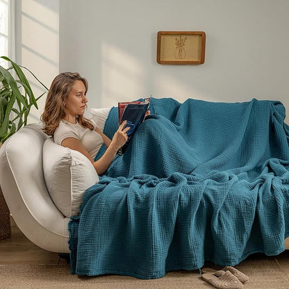 Muslin Blanket - Pure 100% Turkish Cotton Airy Soft Light Versatile Gauze Throw Blanket for Bed, Couch, Sofa (Petrol Blue, Throw Size (50" x 66" inch))