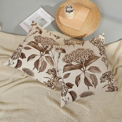 Brown Pillow Covers 16x16 Set of 2 Vintage Boho Floral Hydrangea Herbs Botanical Throw Pillow Cover Outdoor Flower Decorative Pillowcase Linen Farmhouse Cushion Case Decor for Couch Sofa